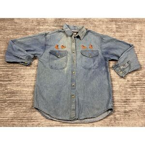 No Barriers Top Womens Medium‎ Blue Long Sleeve Button Up Shirt Boos Embroidered